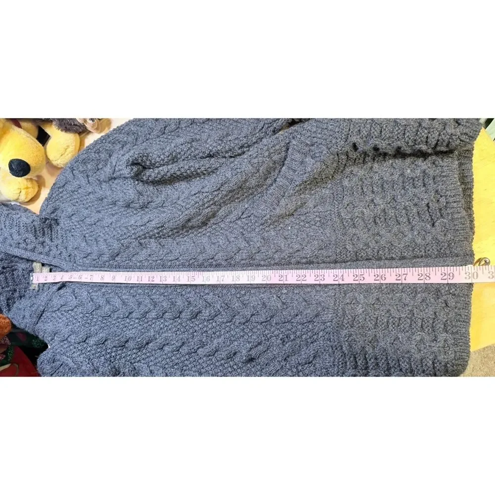 Inis Crafts Irish 100% Merino Wool Full Zip Cardigan Hood Size S Gray Cozy Gift